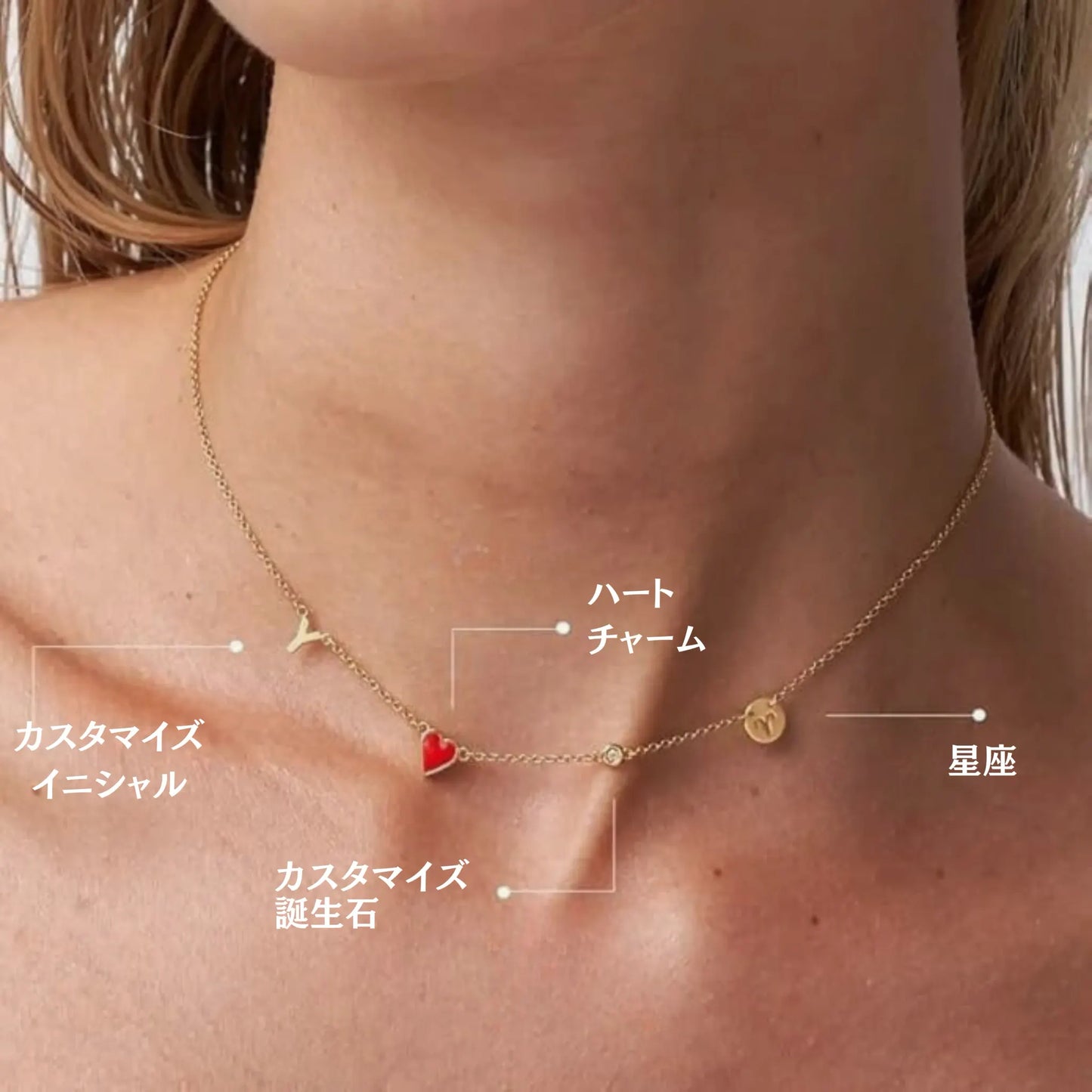 ハートイニシャルネックレス 誕生石・星座マーク入り